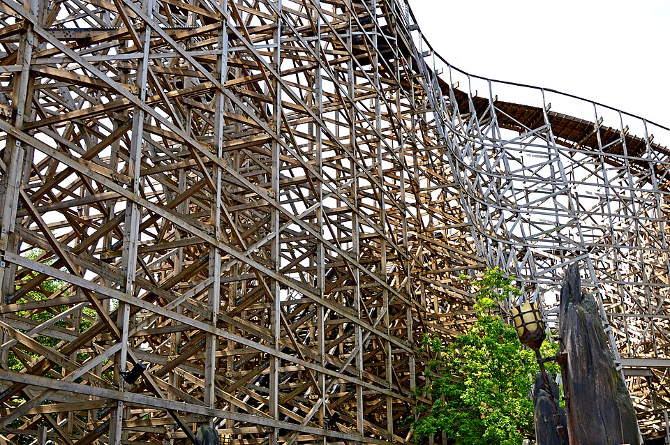 Wooden bridge of dual-tracked roller coaster, Efteling, Netherlands