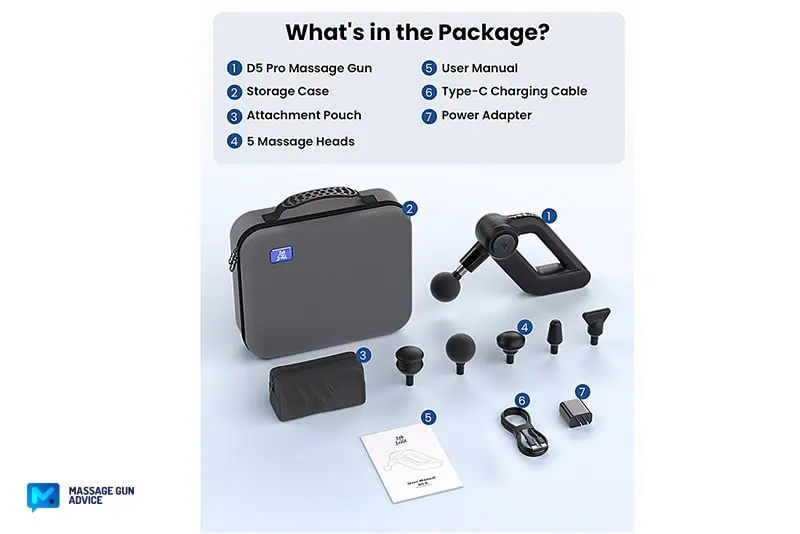 Bob and Brad D5 Pro Review: An Affordable Massage Gun For DOMs 10 bob and brad D5 Pro: image with All Contents and massage gun attachments on a flat surface