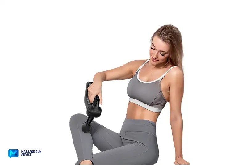 Bob and Brad D5 Pro Review: An Affordable Massage Gun For DOMs 19 bob and brad D5 Pro, Woman Massaging Calf on a white background
