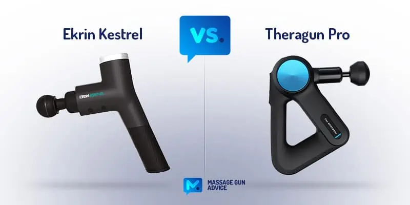 Theragun Relief Review - Is This the Best Budget Theragun? 59 Ekrin Kestrel vs. Theragun Pro on the right.
Both guns are suspended in the air
