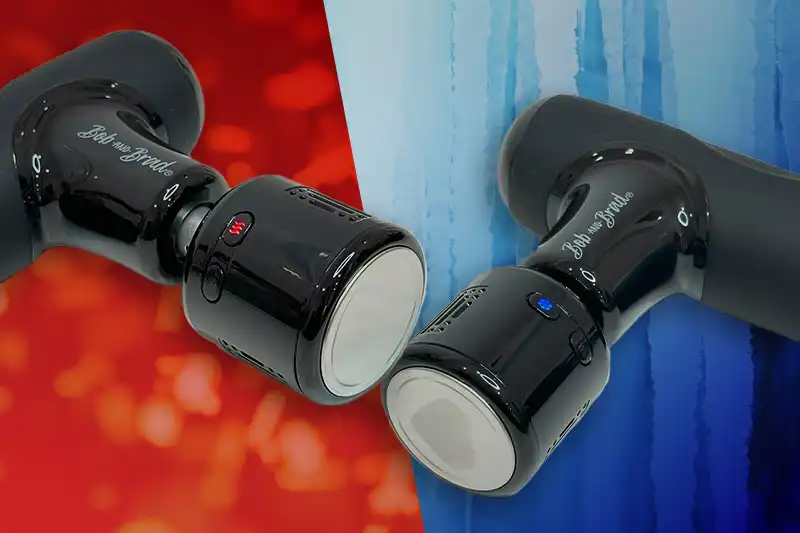Bob And Brad Q2 Pro: Portable Hot & Cold Therapy 1 two bob and brad q2 pro mini massage guns beside each other. the one with a cold therapy attachment is on a blue background while the one with the hot therapy attachment is on a red background.