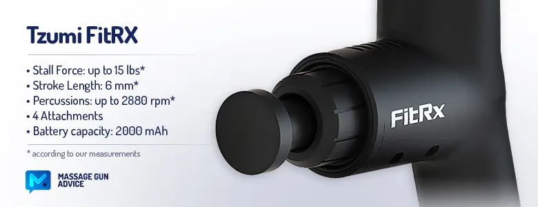 FitRX Massage Gun Review - Cheap, and It Shows 2 Tzumi Fitrx Massage Gun with our measured specifications beside the FitRX image